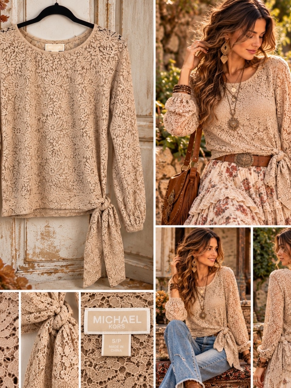 Michael Kors Champagne Floral Lace Top S Petite Cottagecore Romantic Boho